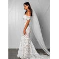 White Tulle Lace Sweep Train Patterns Boat Neck Sheath Wedding Dress